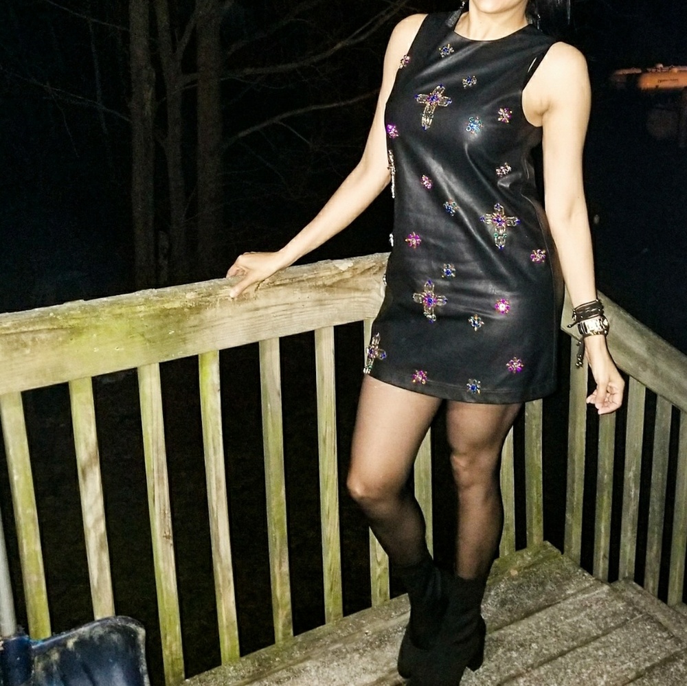Jeweled Leather Mini Dress